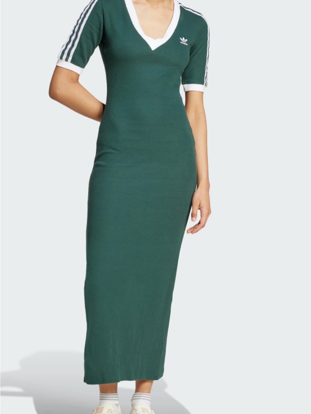 adidas Green Ribbed V-Neck Maxi Dress with White Trim